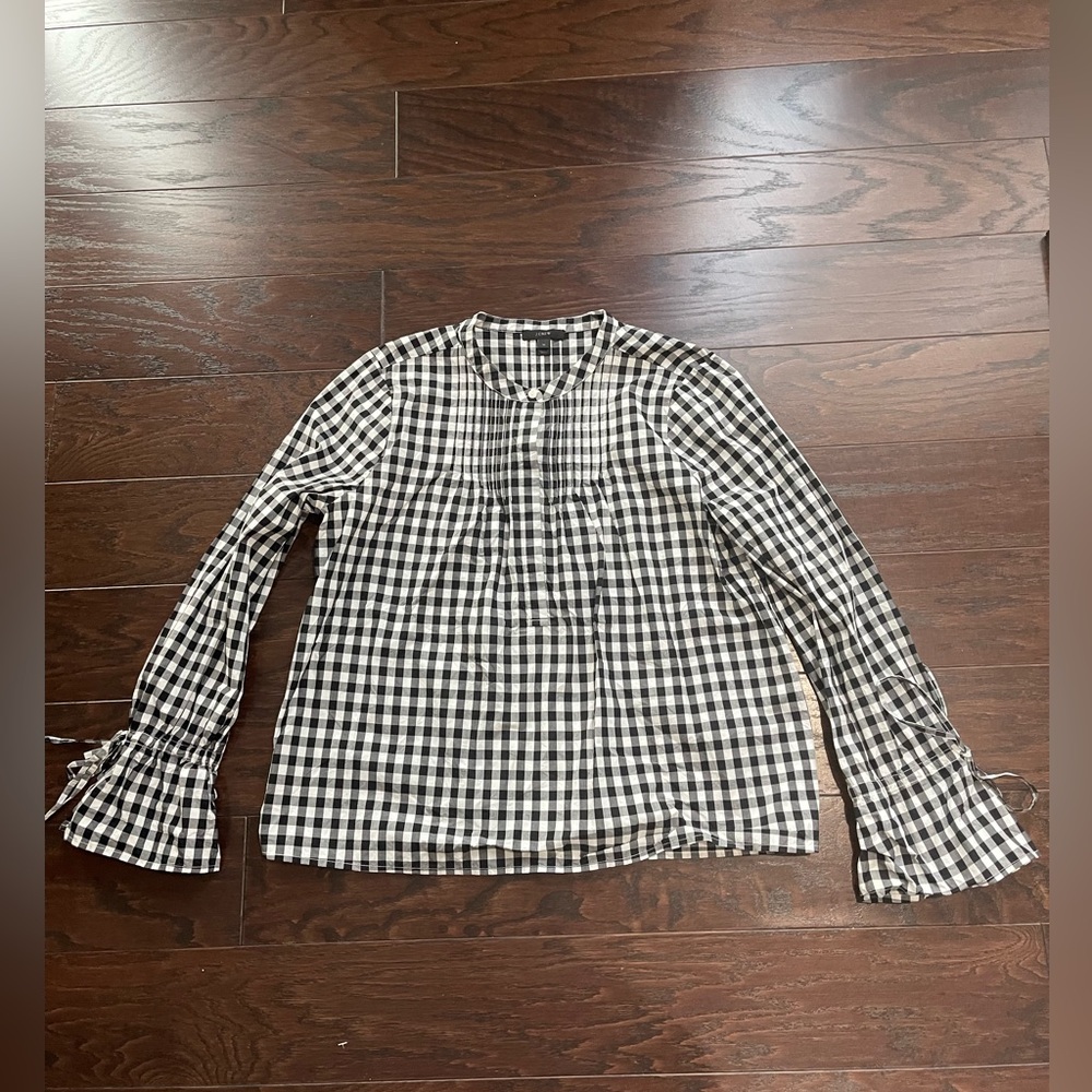 J.Crew Black White Gingham Check Tie Sleeve Top Blouse Shirt women Size MEDIUM